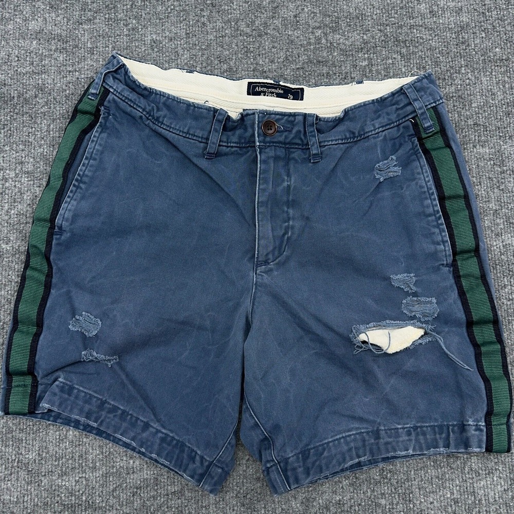 Abercrombie & Fitch Shorts Men 29 Navy Shuttle Tape Side Stripe Chino Distressed - Picture 2 of 10